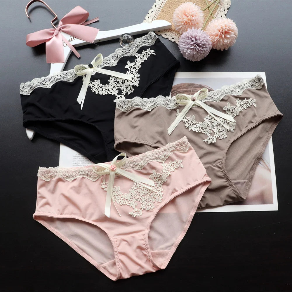 SP&CITY Flower Embroidery Ice Silk Bow Sexy Women's Underwear Low Waist Traceless Breathable Summer Thin Panties Seamless Briefs