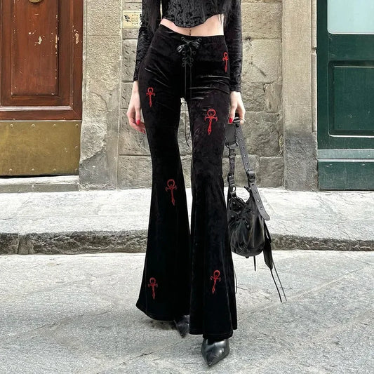 Harajuku Fashion Cross Embroidery Soft Long Pant Velvet High Waist Flare Pants Women Autumn Mall Gothic Slim Trousers