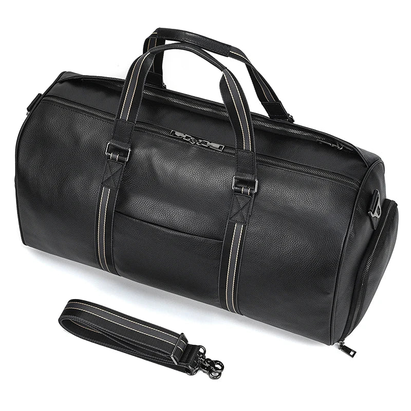 Sac de voyage en cuir véritable de grande capacité pour hommes et femmes, en cuir de vache noir souple, polochon de voyage décontracté, grand sac à bandoulière pour week-end