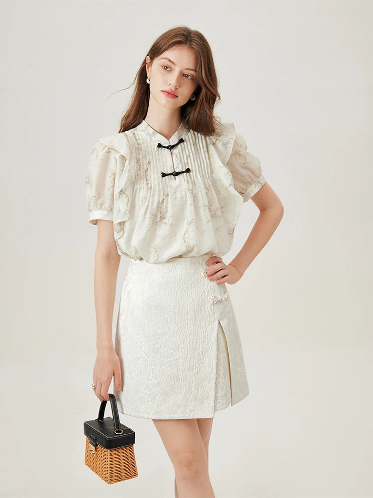 FSLE Beige Mini Skirts New Chinese Style Asymmetric Jacquard Short Skirt Summer Women Black A-LINE Skirts 24FS12897