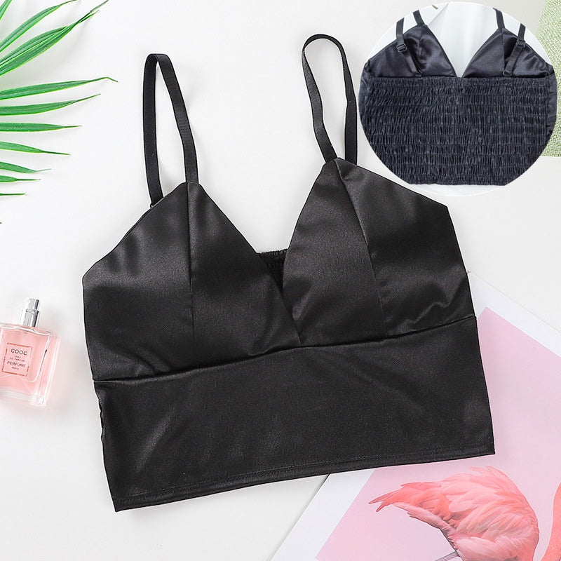 Haut court en satin sexy pour femme, bralette sans fil, bretelles spaghetti, t-shirt court avec poitrine, caraco rembourré