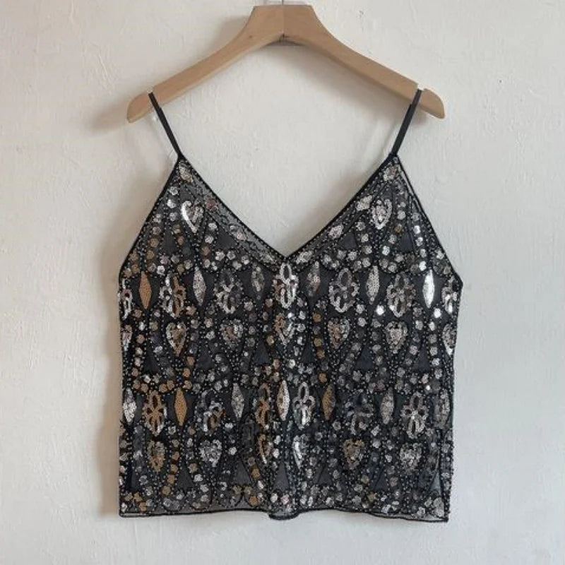 Y2k Sequined Crop Tops Women Sexy Bead Work Mesh Tops Women Pink Sparkle Tanks Tops Femme Party Clubwear