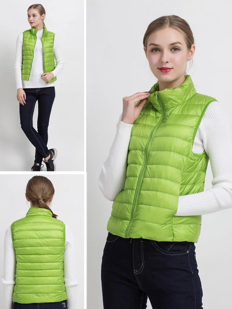 0-10 ℃   Femmes gilets automne hiver Ultra léger canard vers le bas gilet femme mince sans manches veste coupe-vent chaud bouffant gilet 4XL