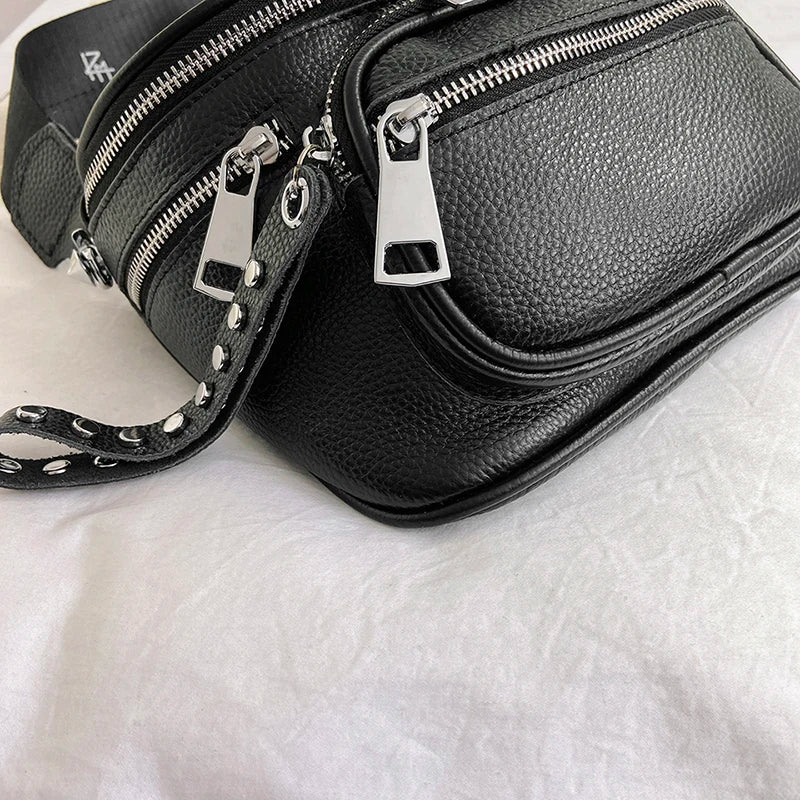 High Quality 100%Natural Cowskin Female Shoulder Crossbody Tote Genuine Leather Saddle Bags For Women Casual Wide Strap Handbags
