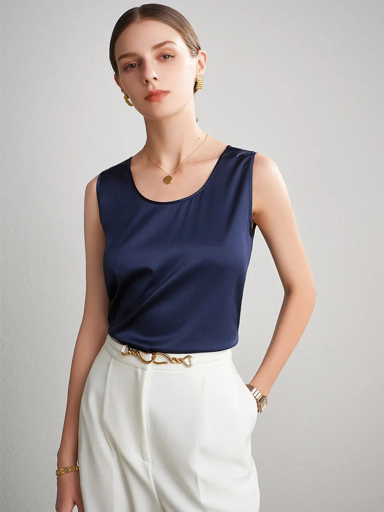 SuyaDream. Débardeur basique confortable pour femmes, 100% soie véritable, t-shirt Chic sans manches à col rond, gilets d'été solides 2025, blanc, rose, Beige