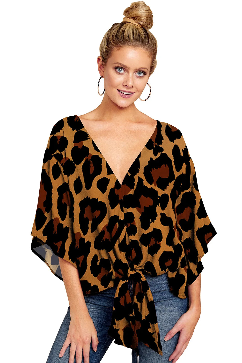 Spring Summer 2024 New Women's Shirt Sexy V-neck Short Sleeved Fashionable Printed Knot Printed  Sleeve Top