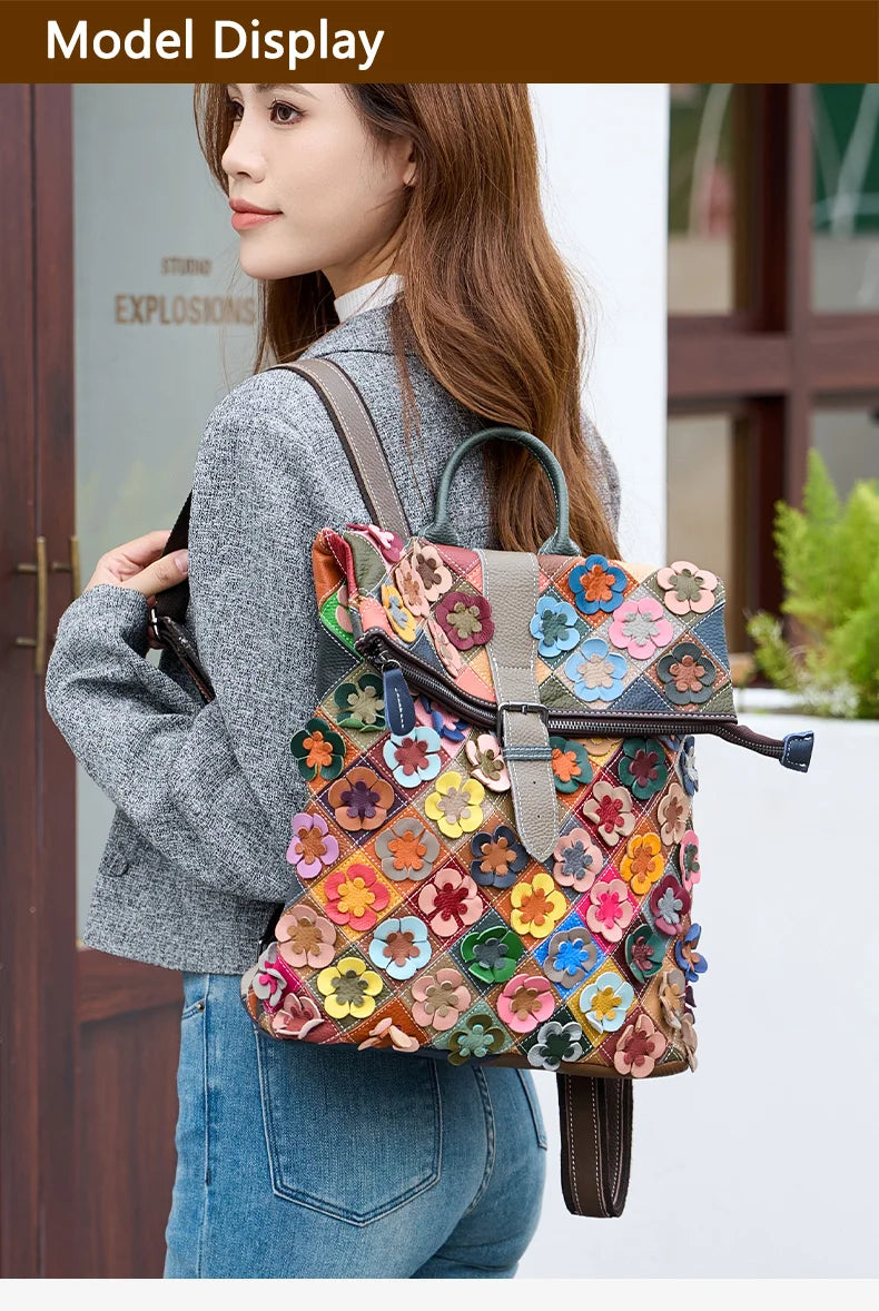 Handmade bag, three-dimensional floral romantic backpack, colorful patchwork retro backpack, luxurious travel experience