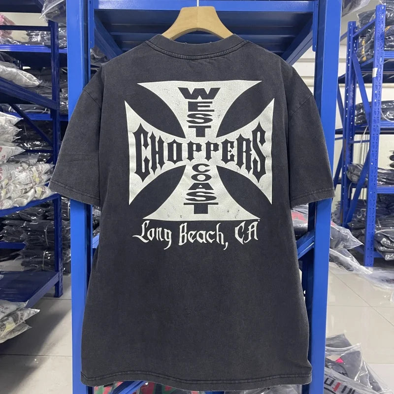 Vintage West Coast Choppers Printed T-Shirt Men's 100% Cotton Breathable Retro Biker Style Loose Fit Casual Streetwear