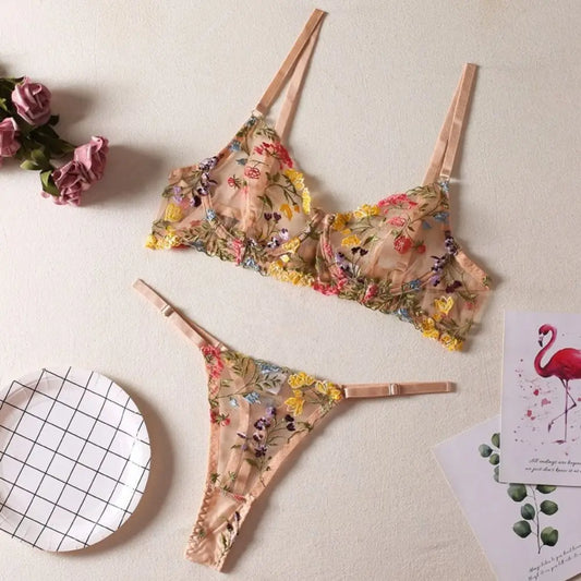 2-Piece Versatile Floral Lingerie Set Embroidery Sheer Boho Bra Panty Set Women Underwear Wireless Bra