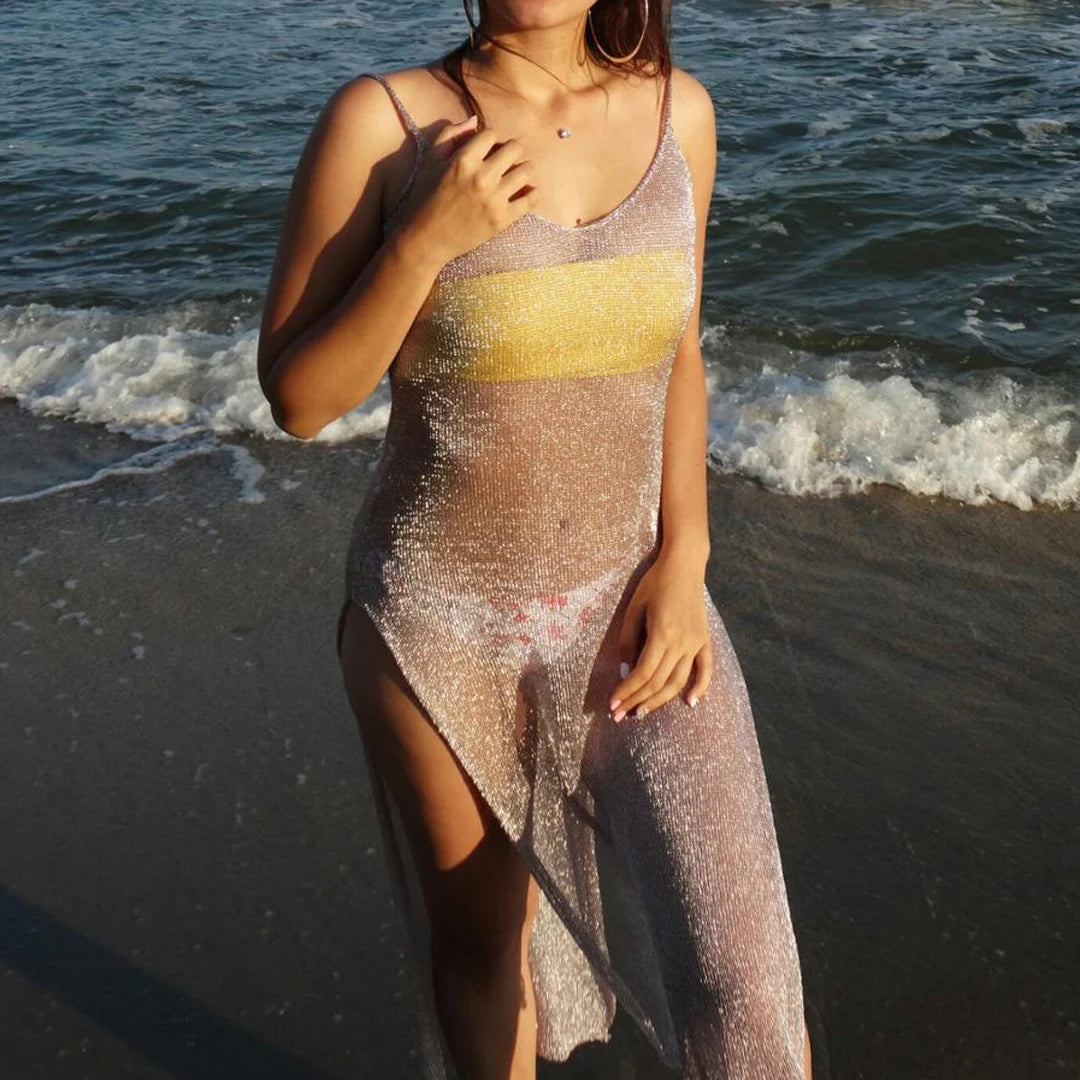 Robe de plage en maille tricotée pour femmes, sexy, longue, tunique, Cover-Up, vêtements d'été, V651