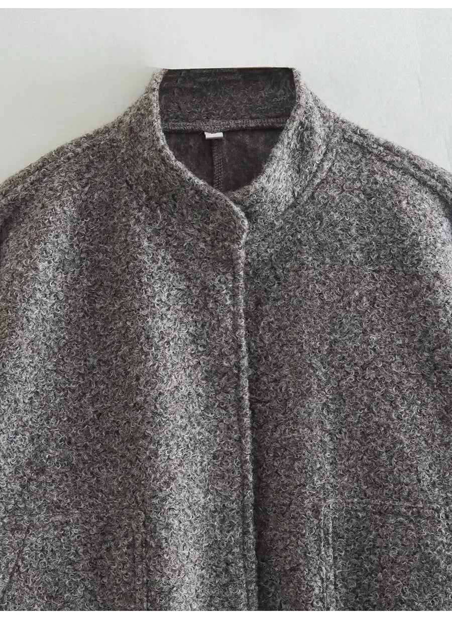 MiuKoMiYa Army Green Short Wool Blend Bomber Jackets For Women Winter Outdoor Women's Woolen Blend Coat Women Loose Wool Jacket