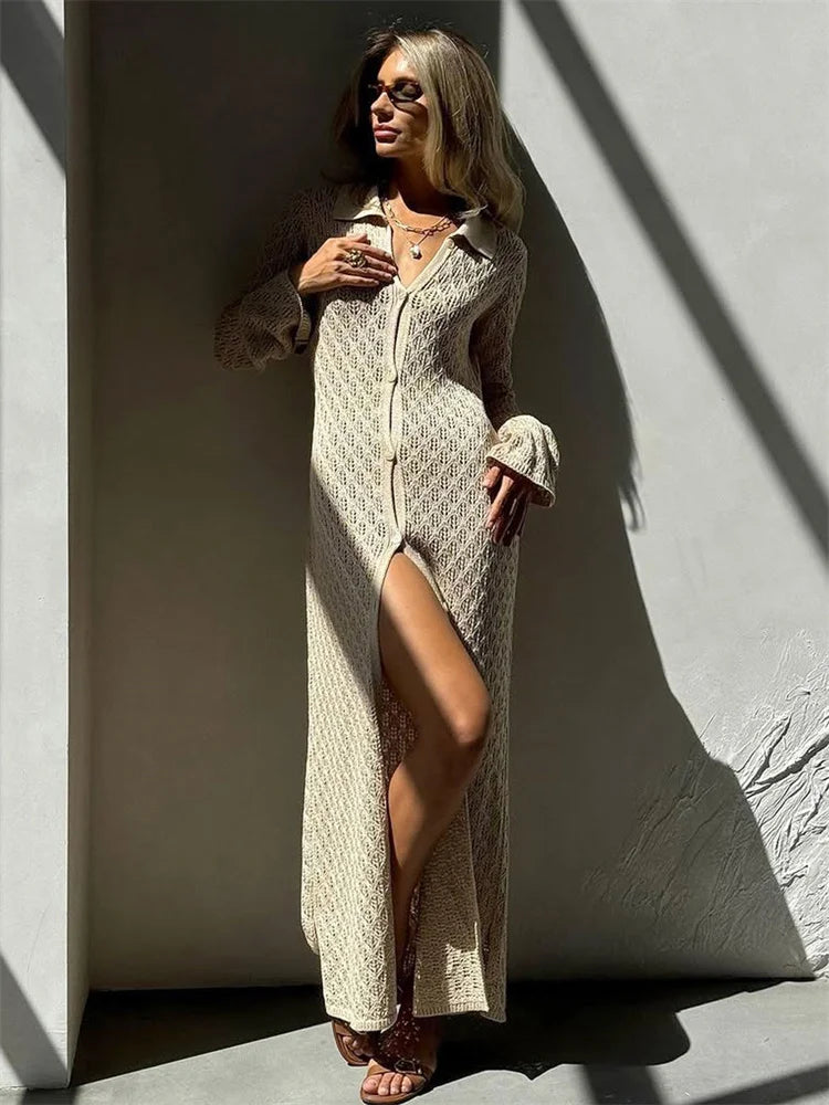 Tossy Elegant Knitwear Hollow Out Long Dress Cardigan For Women V-Neck Patchwork See-Through Loose Beach Dress Knit Female Dress
