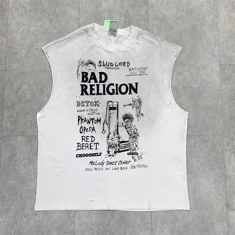Vintage Washed Saint Sleeveless Tank T-shirts Oversize Men Woman Good Quality Black White Grey Hole Old Summer Streetwear