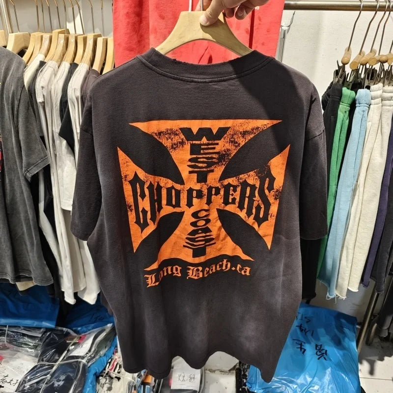 Vintage West Coast Choppers Printed T-Shirt Men's 100% Cotton Breathable Retro Biker Style Loose Fit Casual Streetwear