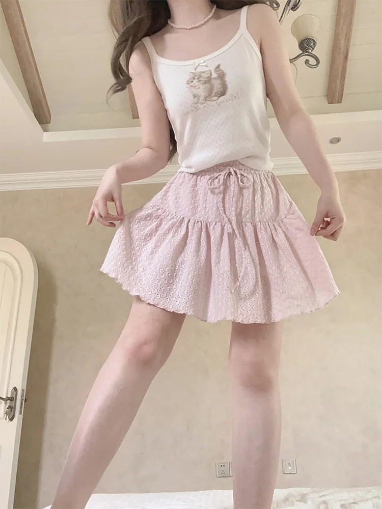Cute Tops Women Summer Cotton Camis Pink Bow Print Knitted Crop Top for Sweet Girl Lolita Style Kawaii Clothes