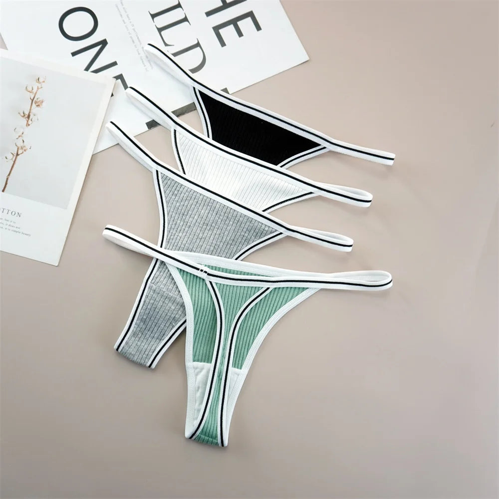 3Pcs 100% Cotton Breathable G-String Erotic Lingerie Women Thongs Stretch Thin-belt Solid Low Waist T-back Panties Seamless