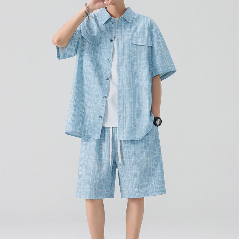 Men Shirt Suit Short Sleeve Shorts Set Summer Oversize 6XL 7XL 8XL Plus Size Casual Plaid Streetwear Loose Pocket High Quality