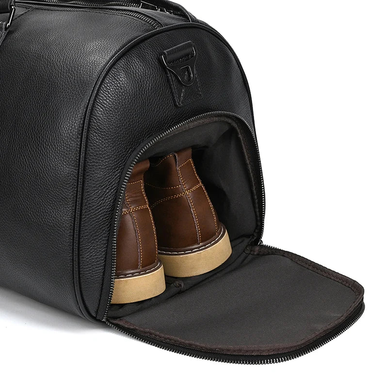 Sac de voyage en cuir véritable de grande capacité pour hommes et femmes, en cuir de vache noir souple, polochon de voyage décontracté, grand sac à bandoulière pour week-end