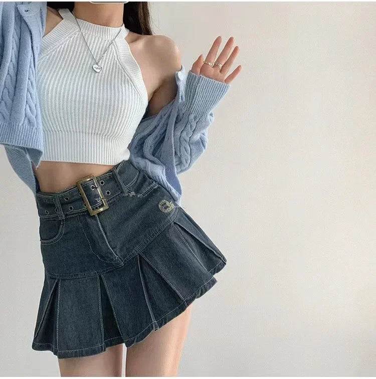 High Waist Denim Mini Skirt for Women Summer American Style Retro Pleated A- Line Short Skirt Trendy Cotton Denim Skirts