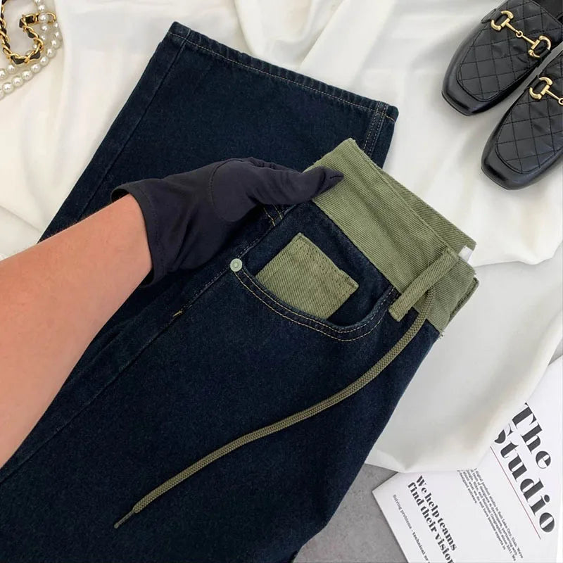 Korean Design Drawstring Baggy Straight Jeans Women Vintage Casual High Waist Wide Leg  Denim Pants Streetwear Loose Vaqueros