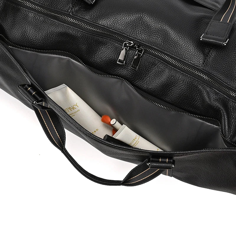 Sac de voyage en cuir véritable de grande capacité pour hommes et femmes, en cuir de vache noir souple, polochon de voyage décontracté, grand sac à bandoulière pour week-end