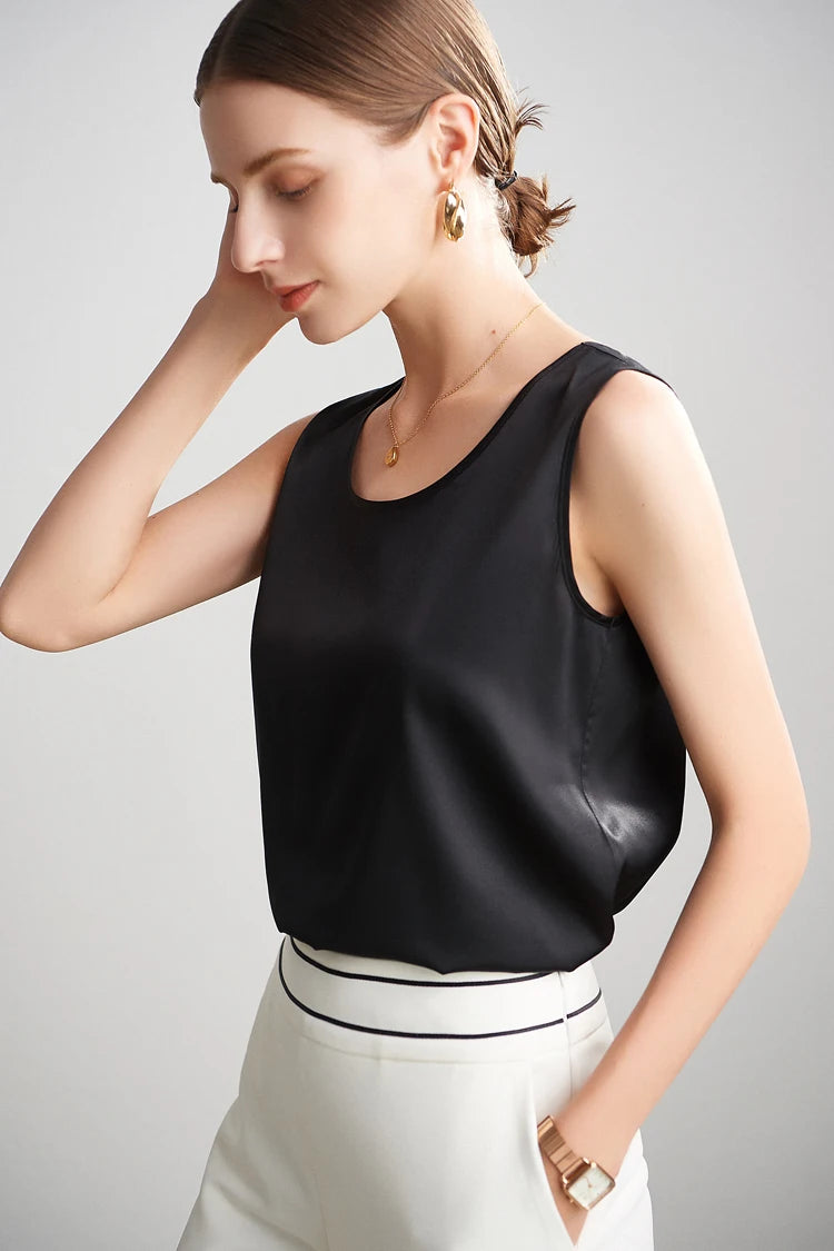 SuyaDream. Débardeur basique confortable pour femmes, 100% soie véritable, t-shirt Chic sans manches à col rond, gilets d'été solides 2025, blanc, rose, Beige