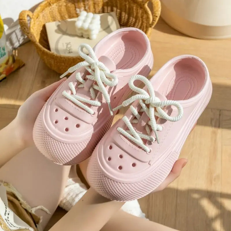 Women Fashion Clogs Lace-up Platform Slippers Summer Shoes Soft EVA Anti-slip Female Beach Street Slides Thick Sole Sandals