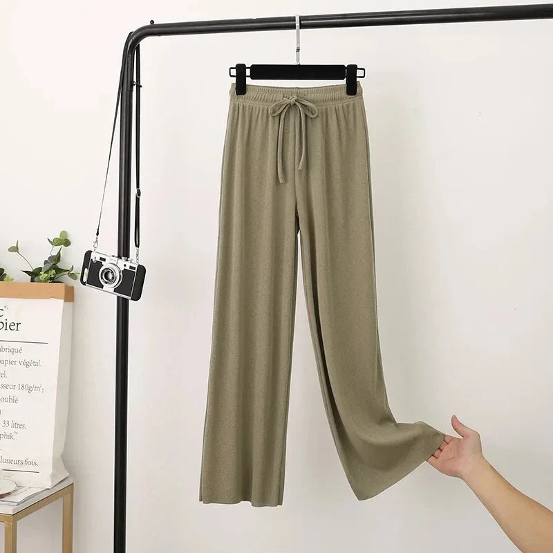 2025 Summer Thin Ice Silk Wide Leg Pants Women's Fashion Trendy Brand High Waist Comfortable Casual Loose Large Pants