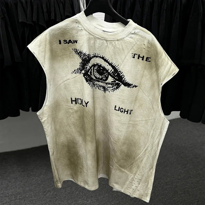 Red Skull Finger Print Damaged Hole Saint Tank Tee Men Women Streetwear Oversized Vest Vintage Washe Black Sleeveless T Shirt