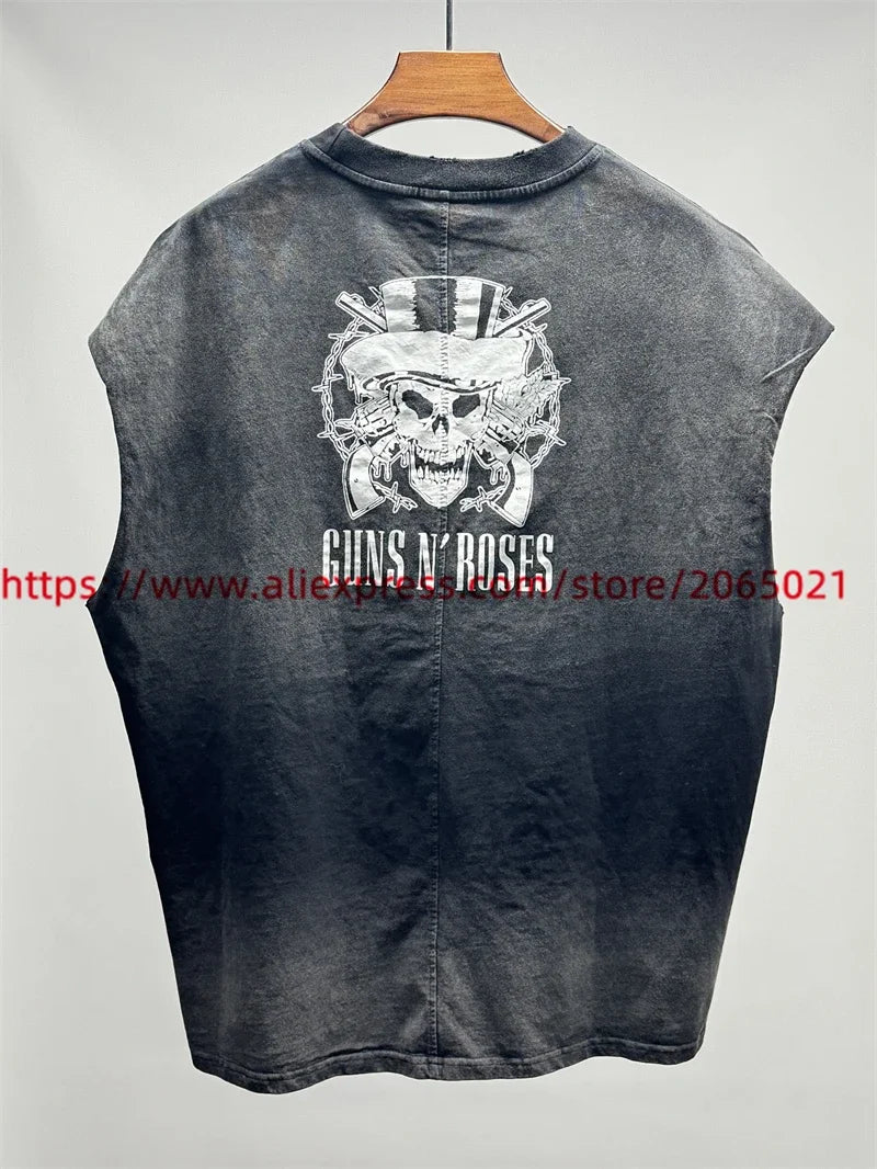 Vintage SAINT Guns N Roses Washed T-Shirts High Quality Dirty Soil Spray Hand Worn Tank Top T Shirt Tee Tops
