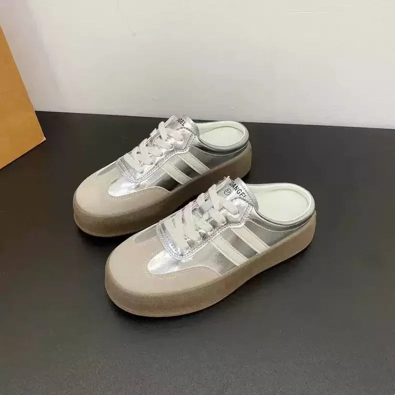 2025 Spring casual lace-up flat shoes are selling well. College-style fashionable thick-soled breathable slippers in large sizes
