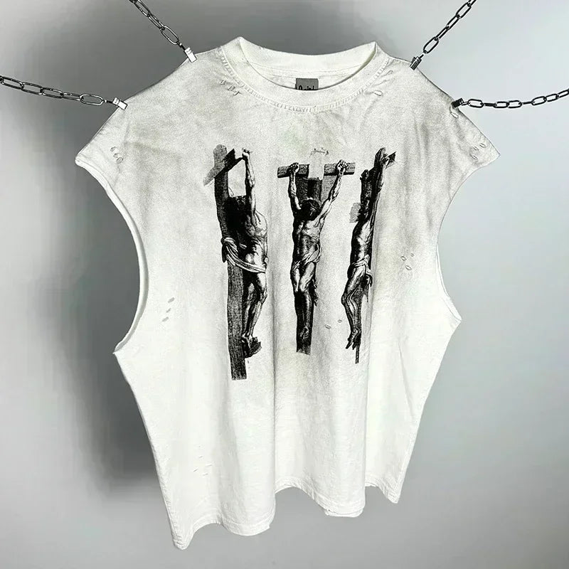 Red Skull Finger Print Damaged Hole Saint Tank Tee Men Women Streetwear Oversized Vest Vintage Washe Black Sleeveless T Shirt