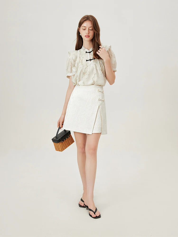 FSLE Beige Mini Skirts New Chinese Style Asymmetric Jacquard Short Skirt Summer Women Black A-LINE Skirts 24FS12897