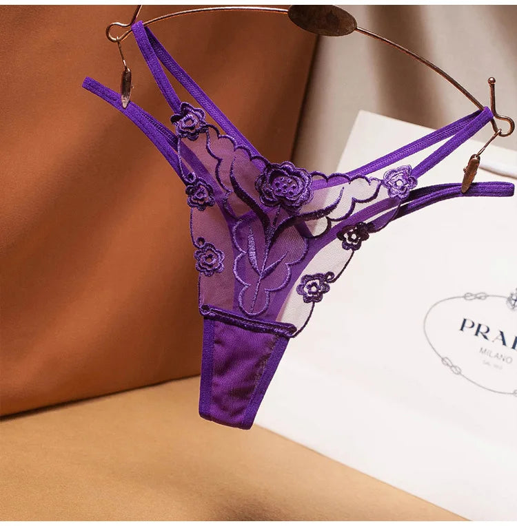 New Women Sexy Embroidered Ladies Thong Transparent Mesh Florid Strap Temptation Low Waist Panties Female Hot T Pants Large Size