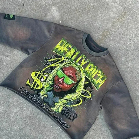 Y2K Harajuku Hip Hop Character Graphic Printed Seven Quarter Sleeves Tops Gothic Retro Dark Green T Shirt Mens Womens Clothing