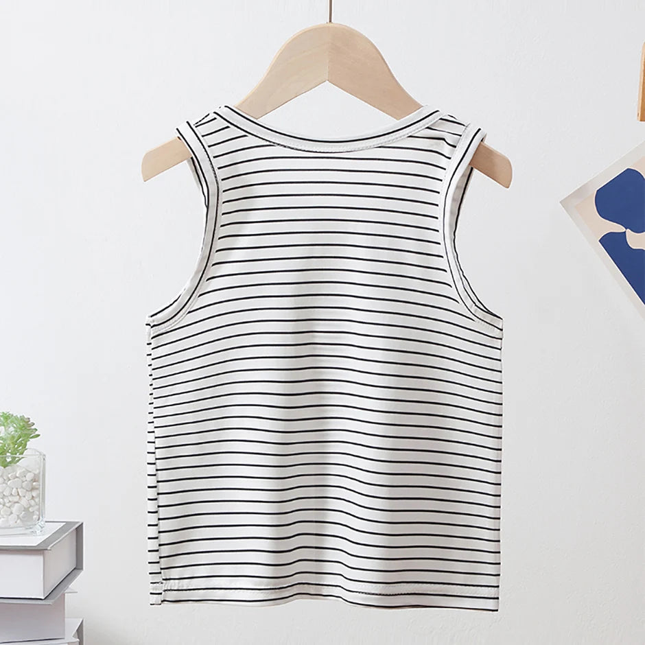 2-Pcs Children's Four Seasons Black And White Striped Vest Boy Leisure Sports Running Top Girl Basic Joker Fashion Bottoming Shi