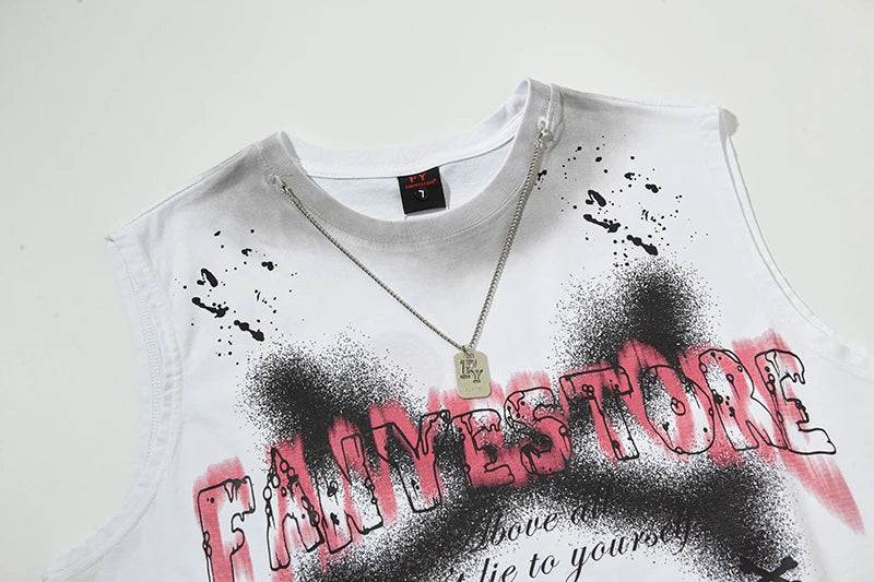 2025 Summer Washed Tank Tops V Cut Baggy Hip Hop Splash-ink Ripped Tshirts Sleeveless Tops Necklace Mens Oversize Vests Y2k