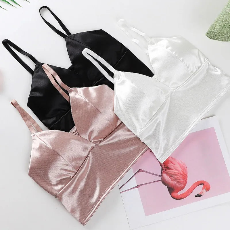 Haut court en satin sexy pour femme, bralette sans fil, bretelles spaghetti, t-shirt court avec poitrine, caraco rembourré