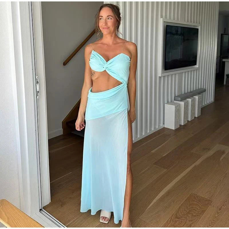Sexy Backless lace Up Long Dress Women Elegant Sleeveless Side Split Off Shoulder Dresses Female 2025 Summer Beach Party Robes