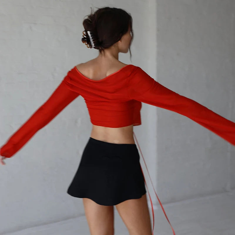 Vintage Aesthetic Crop Top Summer Women Mesh Long Sleeve T Shirt Lace Up Bandage Clothes y2k Clothes Casual Grunge Tees