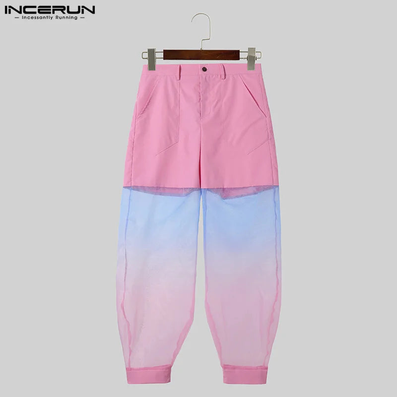 2024 Men's Pants Mesh Patchwork Tie Dye Transparent Joggers Trousers Men Pockets Streetwear Fashion Casual Pants S-5XL INCERUN