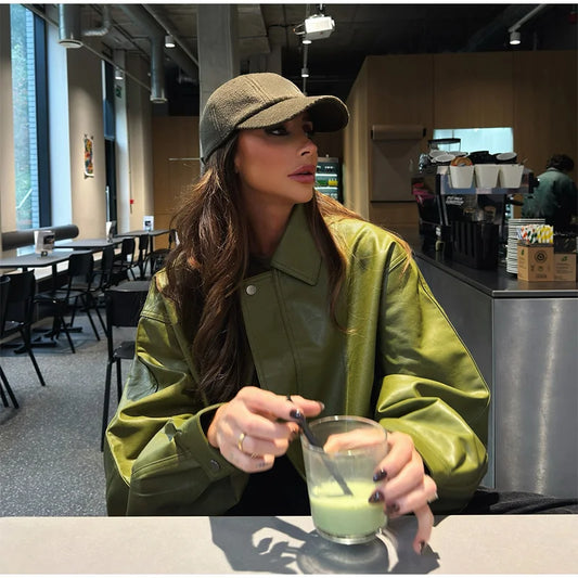 PU Leather Jacket For Women Zipper Turn-down Collar Loose Fashion Coat Luxury Brown 2025 Spring Street Motorcycle Overcoat Top