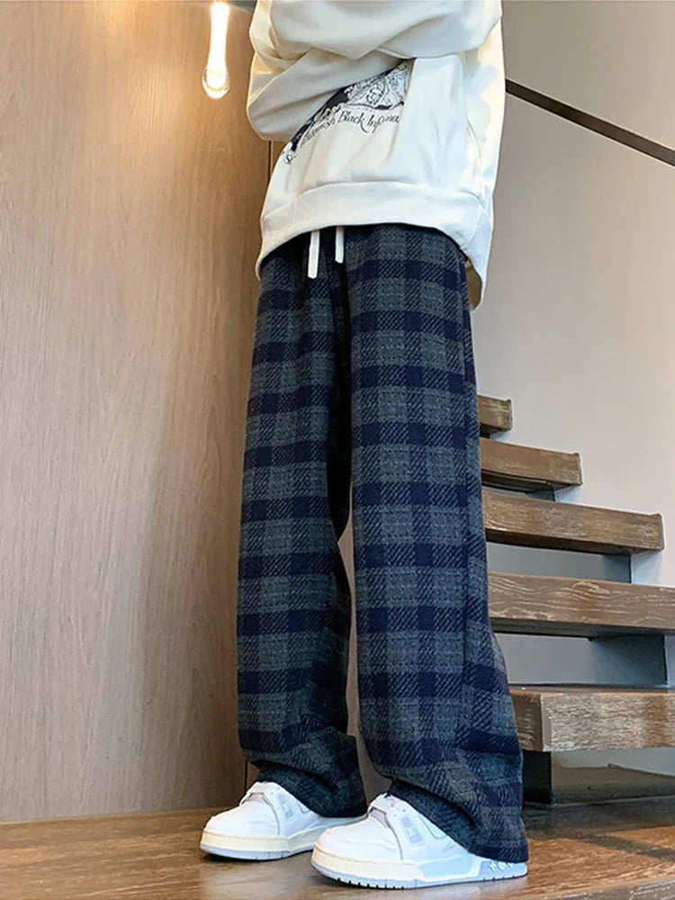 New Y2K Vintage Plaid Baggy Pants Men's High Street Woolen Straight-leg Trousers Autumn Korean Fashion Hip Hop pantalones hombre