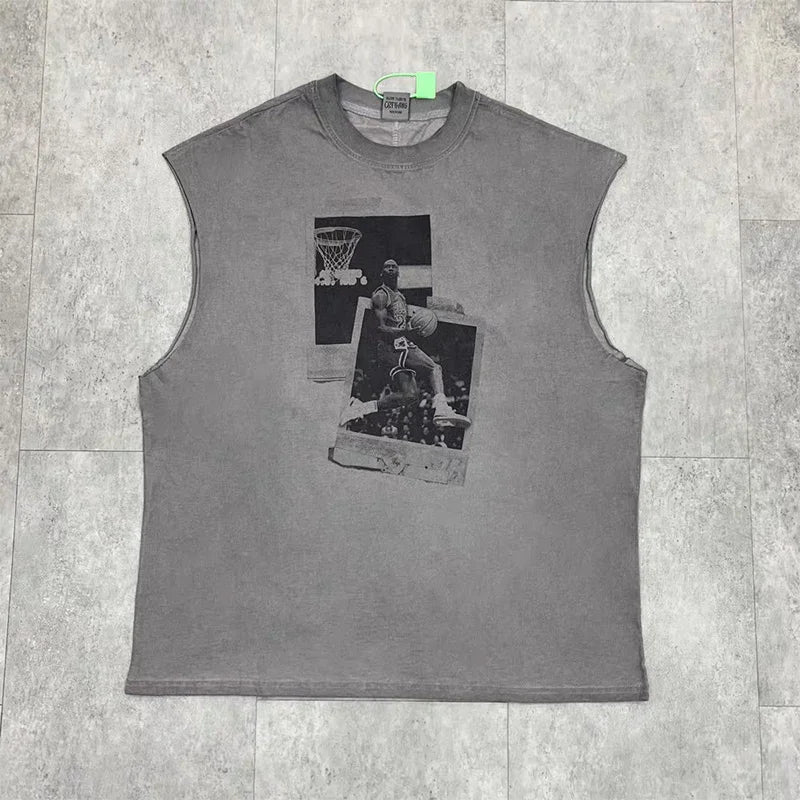 Vintage Washed Saint Sleeveless Tank T-shirts Oversize Men Woman Good Quality Black White Grey Hole Old Summer Streetwear