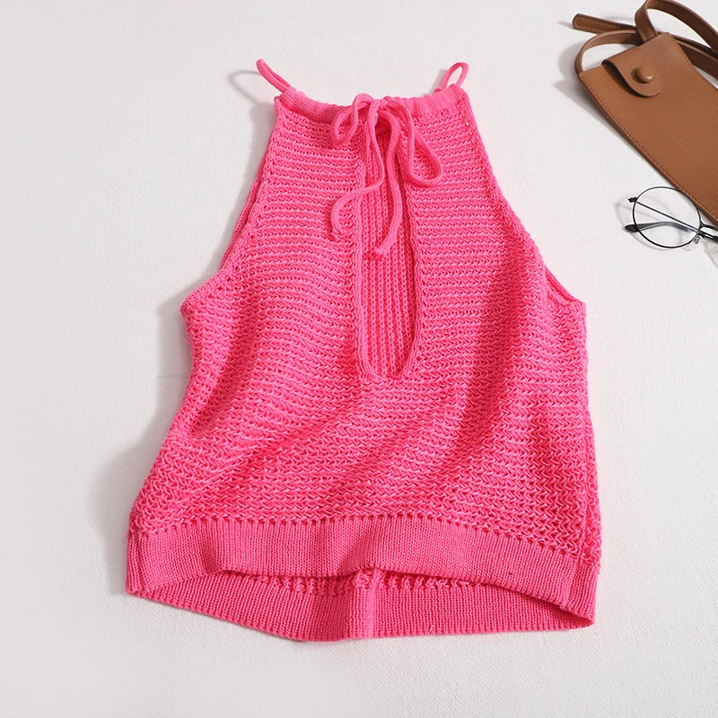 AOSSVIAO 2025 knit Tank Top Sexy Backless Bandage Skinny Crop Tops Summer Elegant Lace Up Party Streetwear Women Camis