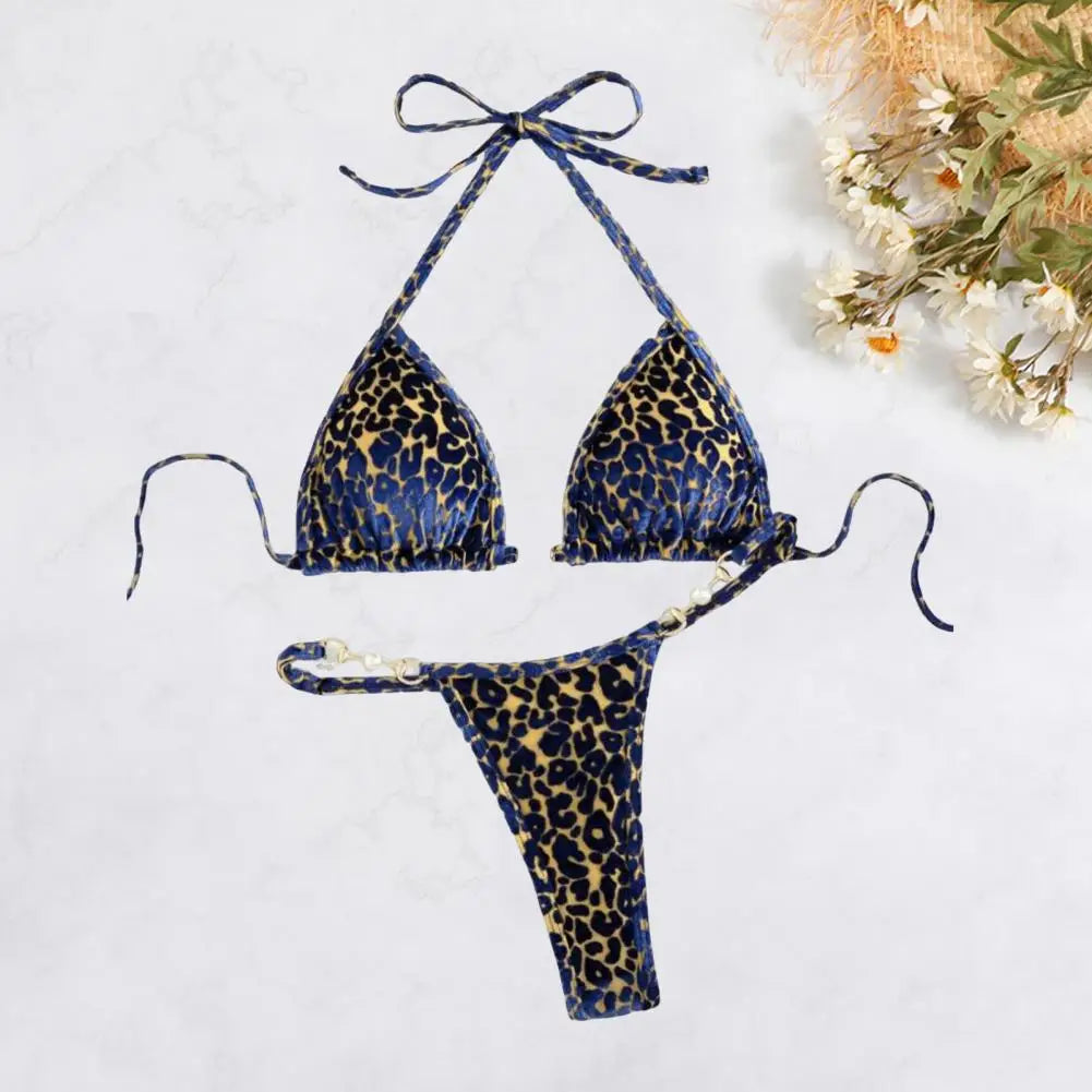 2Pcs/Set Women Bikini Set Leopard Print Halter Bra Faux Pearls Briefs Set Quick Drying Two-piece Lady Swimsuit Beachwear