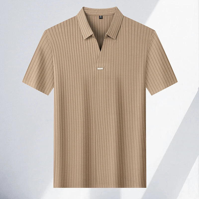 High quality personality texture stripe short sleeve polo shirt summer ice silk breathable buttonless men's solid color T-shirt