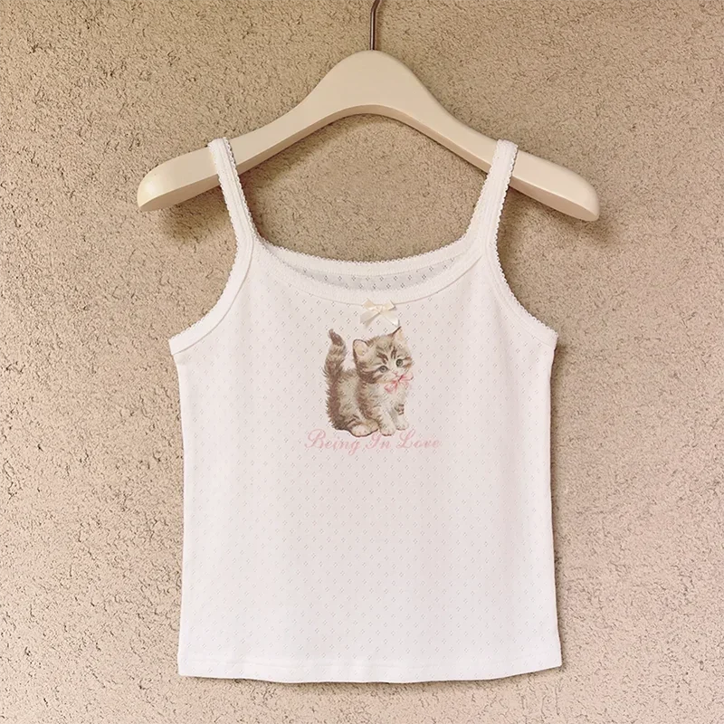 Cute Tops Women Summer Cotton Camis Pink Bow Print Knitted Crop Top for Sweet Girl Lolita Style Kawaii Clothes