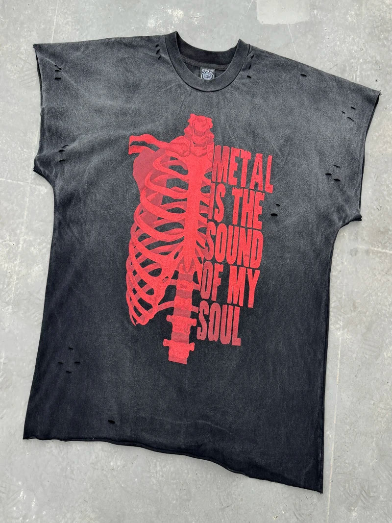 Half Red Skeletons Bone Print Box Tee Hole Damaged Tank Tops T-shirt Men Women Classic Text Graphic Short Sleeve T Shirt Clothes