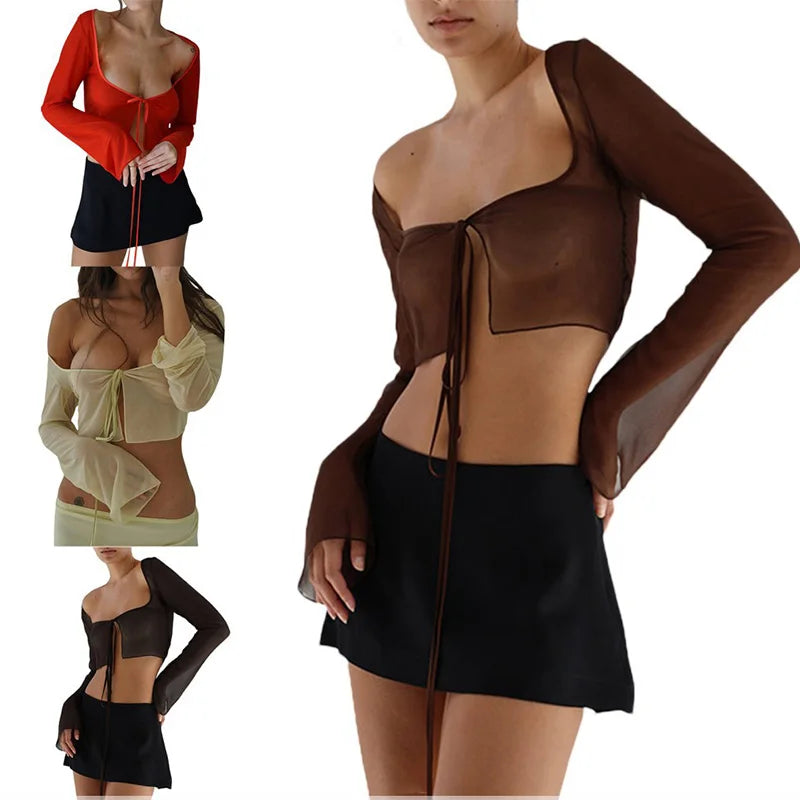 Vintage Aesthetic Crop Top Summer Women Mesh Long Sleeve T Shirt Lace Up Bandage Clothes y2k Clothes Casual Grunge Tees